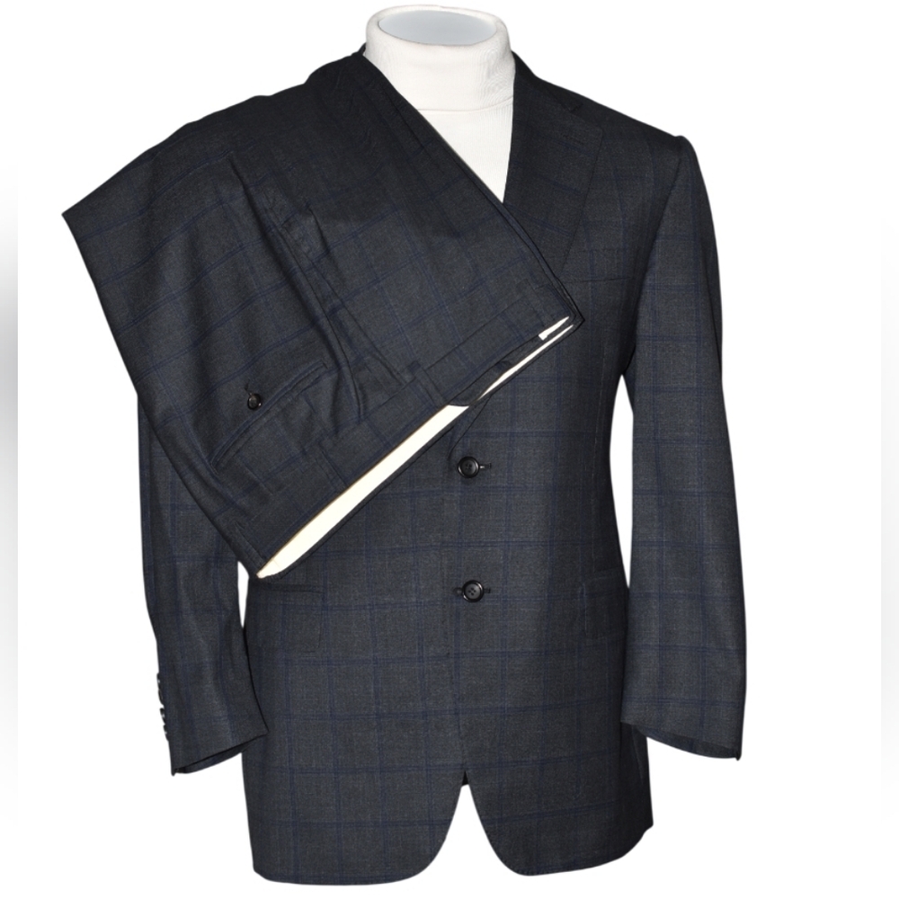 Canali Super 150’s Charcoal Blue Windowpane Surgeon Cuff Wool Suit 42R 36x 27" +
